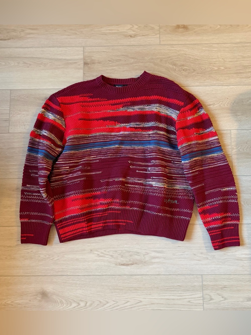 Desigual Men's Multicolor Crewneck Sweater - Red & Burgundy